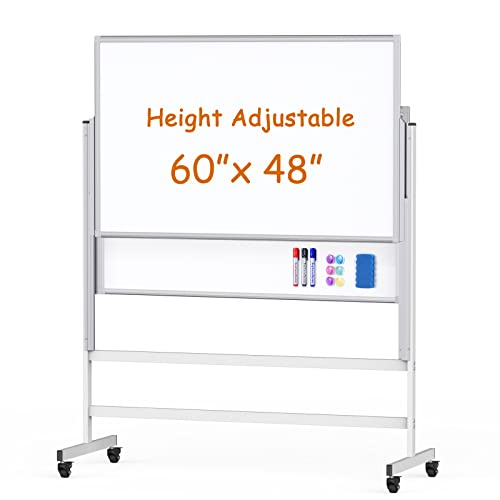 Dry Erase Whiteboard Height Adjustable, Easel Stand White Board on Wheels - 60 x 48 inches Large Mobile Dry Erase Board, Double Sided Magnetic Whiteboard for Office Home Classroom, Sliding Up & Down