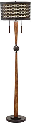 Franklin Iron Works Modern Farmhouse Floor Lamp 64" Tall Bronze Cherry Wood Double Drum Shade