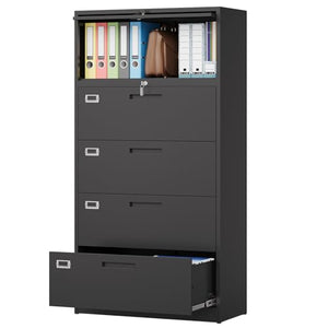MIIIKO 4 Drawer File Cabinet with Shelf, 5 Tier Metal Lateral Filing Cabinet - 36" Wide, Lockable - Home Office Storage