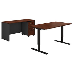 Bush Business Furniture Series C 60W Height Adjustable Standing Desk, Credenza and Storage in Hansen Cherry