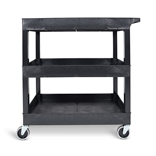 Stand Steady Tubstr 3 Shelf Utility Push Cart 2 Pack - Heavy-Duty Plastic Service Cart, 300 lbs Capacity, Black (32 x 18)