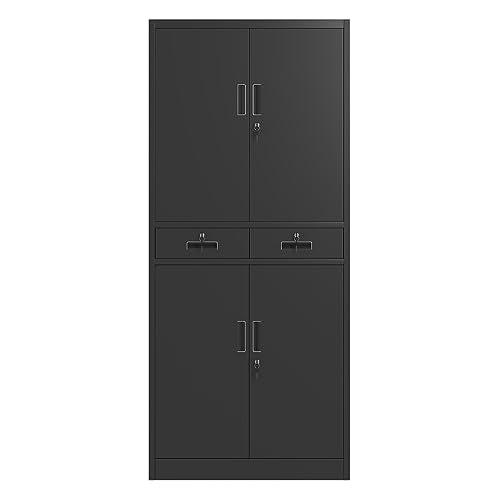 JINGUR Metal Storage Cabinet with Locking Doors, 2 Drawers & Adjustable Shelves (Black)