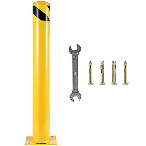 VEVOR Safety Bollard, 48 Inch Height Bollard Post, 4.5 Inch Diameter Steel Pipe Safety Bollard Post, Yellow Steel Bollard, Steel Safety Bollard with 8 Anchor Bolts, Perfect for Traffic-Sensitive Area