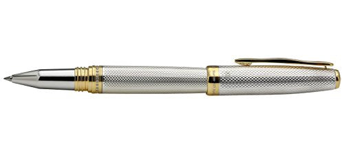 Xezo Solid 925 Sterling Silver Serialized Fine Rollerball Pen, 18K Gold Plated with Screw-On Cap. Swarovski Crystals Band (Maestro 925 Sterling Silver R-G)