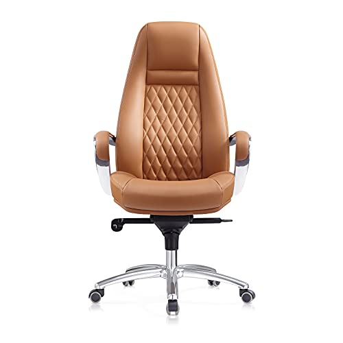 FURIJING Genuine Leather High Back Office Chair with Aluminum Swivel Base - Brown