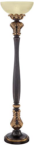 Barnes and Ivy Victorian Torchiere Floor Lamp 75" - Carved Wood Amber Glass Shade