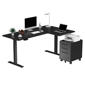 SANODESK Dual Motor L-Shaped Electric Standing Desk with 3 Drawer File Cabinet, 63 x 40 Inches - Black Top/Black Frame