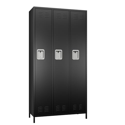 METAN Metal Locker with 3 Doors and 2 Shelves, Black - Industrial Storage Cabinet