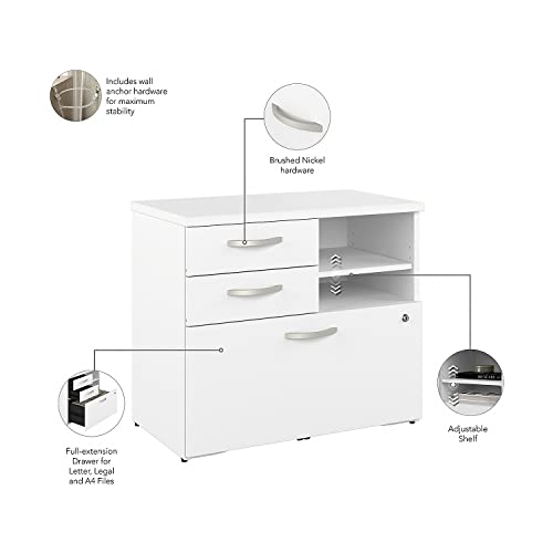 Bush Business Furniture Hybrid Office Storage Cabinet with Drawers and Shelves - White