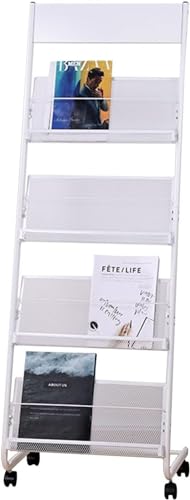 TIST Rolling Magazine Rack with 4 Mesh Pockets, L-Shaped Literature Display - Black/White