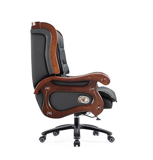 Generic Executive Office Chair - Fully Reclining Genuine Leather, Solid Oak Wood (Black)