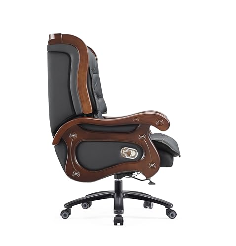 Generic Executive Office Chair - Fully Reclining Genuine Leather, Solid Oak Wood (Black)