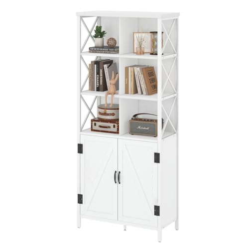 FATORRI Metal and Wood Bookcase with Doors, Tall Cubby Organizer Shelf (White Oak)