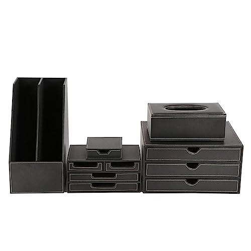 JSSFD 5 Pcs Office Stationery Desk Organizer Set File Rack Desktop Storage Organizer Wood Napkin Holder Memo Box