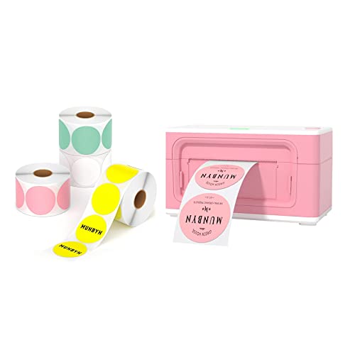 Pink Shipping Label Printer, [Upgraded 2.0] MUNBYN Label Printer Maker for Shipping Packages Labels Self-Adhesive Round Direct Thermal Label, Roll Thermal Sticker for DIY Logo Design, QR Code
