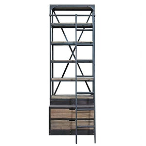 Benjara 97 Inch 2 Drawer Bookcase with Ladder, 5 Shelves, Distressed Iron, Black and Brown