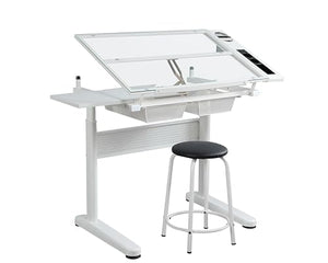 Partslety Adjustable Drafting Table with Stool and 2 Metal Drawers