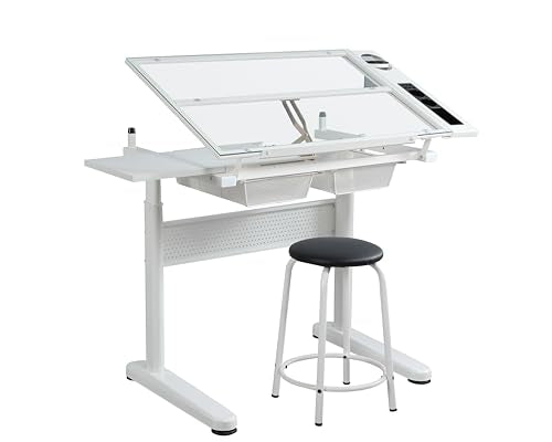 Tzou Adjustable Drafting Desk with Chair and Drawers - White