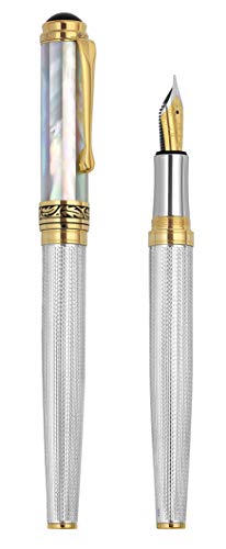 Xezo Maestro Solid 925 Sterling Silver and Oceanic Origin White Mother of Pearl Handcrafted and Serialized Medium Nib Fountain Pen. 18k Gold Plated. No Two Alike