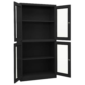 HLELU Steel Office Cabinet with Glass Doors, Lockable, Anthracite Color, 35.4" x 15.7" x 70.9
