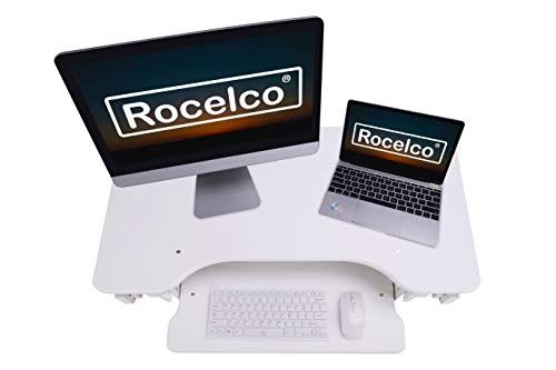 Rocelco 32" Height Adjustable Standing Desk Converter BUNDLE - Sit Stand Computer Workstation Riser with Anti Fatigue Mat - Dual Monitor Retractable Keyboard Tray Gas Spring - Black (R EADRW-MAFM)