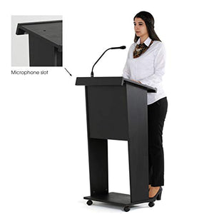 M&T Displays Black Plywood Floor-Standing Podium Lectern with Microphone Slot and Storage Shelf