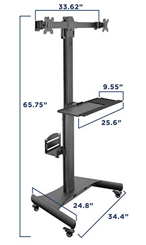 Mount-It! Adjustable Mobile PC Workstation for Dual Monitors | Mobile Standing Computer Cart with Adjustable Keyboard Tray and CPU Holder | Rolling Computer Desk Fits Monitors 13 to 32 Inches