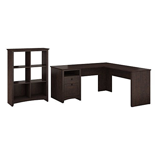 Bush Furniture Buena Vista L Shaped Desk with 6 Cube Bookcase in Madison Cherry