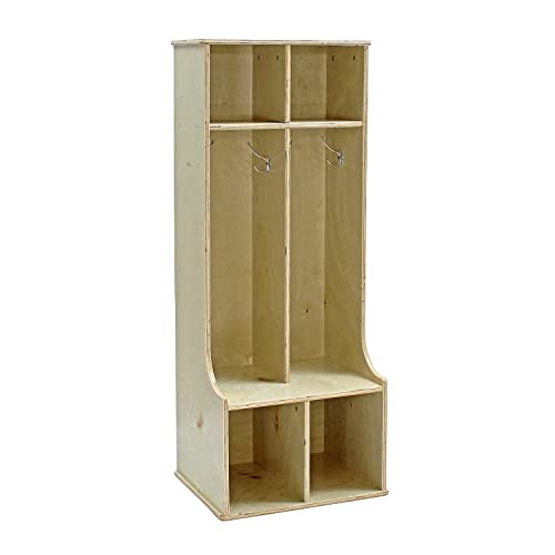 FDP Birch 2-Section Coat Locker with Bench, Storage Cubbies and Coat Hooks; Durable, Sturdy Furniture for Home, Daycare, Preschool, Classroom; Store Backpacks, Jackets, Shoes - Natural, 13138-NT