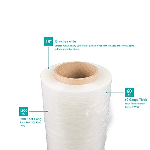 18” x 1500 ft Stretch Wrap Heavy Duty 60 Gauge High Performance Stretch Film Packing Moving Packaging Stretch Wrap 40 Rolls