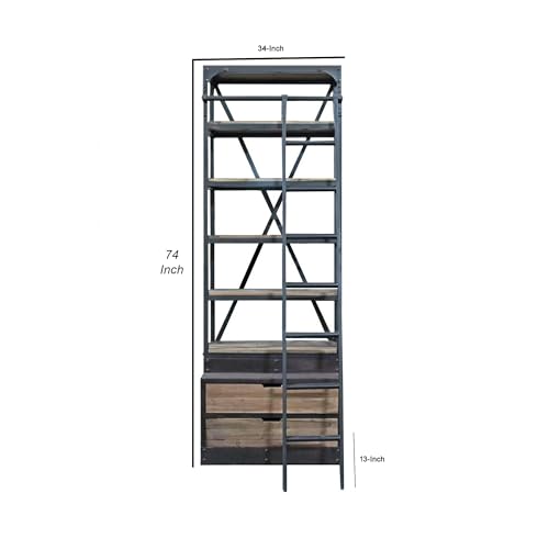 Benjara 97 Inch 2 Drawer Bookcase with Ladder, 5 Shelves, Distressed Iron, Black and Brown