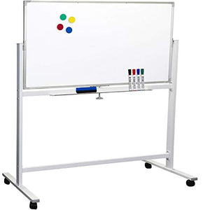 Excello Global Products Large 48"x32" White Board on Wheels: 1 Reversible Magnetic Dry Erase Board with Rolling Stand, 4 Dry Erase Markers, 1 Eraser, 4 Magnets, 1 Marker Tray
