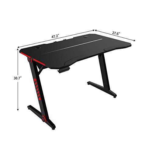 Depointer Gaming Desk LED Lights Z-Shaped Ergonomic Computer Desk Comfortable for PC Gamers Home/Office Durable Racing Table Workstation with Oversized Gaming Platform Surface, Headphone Hook