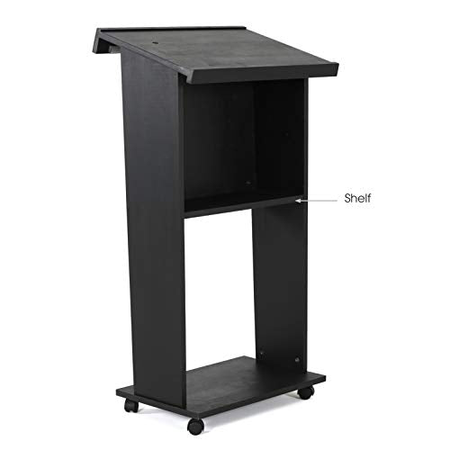 M&T Displays Black Plywood Floor-Standing Podium Lectern with Microphone Slot and Storage Shelf
