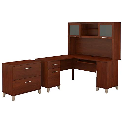 Bush Furniture Somerset 60W L Shaped Desk with Hutch and Lateral File Cabinet in Hansen Cherry