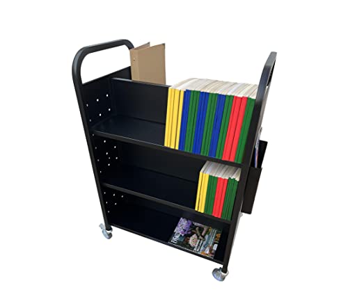 Workington Rolling Book Truck with 3 Flat Shelves, Double Sided - Black