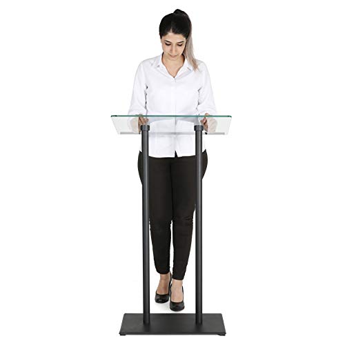 M&T Displays Tempered Clear Glass Conference Podium Stand - Black Aluminum - 43.9" Height - Floor Standing Lectern