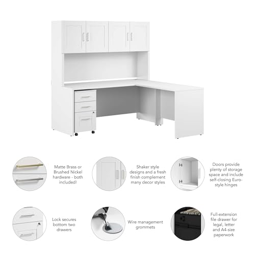 Bush Business Furniture Hampton Heights L-Shaped Desk with Hutch and 3 Drawer Mobile File Cabinet | White, 72W x 30D