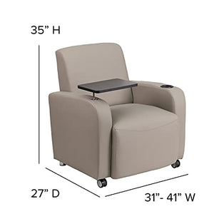 BizChair Gray LeatherSoft Tablet Arm Chair with Front Wheel Casters and Cup Holder