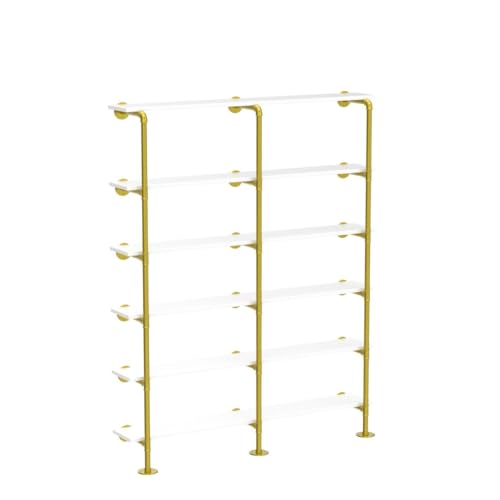 MAIKAILUN 6-Tier 60" Industrial Pipe Shelving, Gold Bookshelf - White/Gold Shelves - Modern Bookcase Metal - Mid Century - Wall Mount Decor - Living Room Retail Shelving (59.1x9.8x84.6)