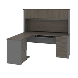 Bestar Prestige + Modern L-Shaped Office Desk with Two Pedestals and Hutch, 72W, Bark Grey & Slate
