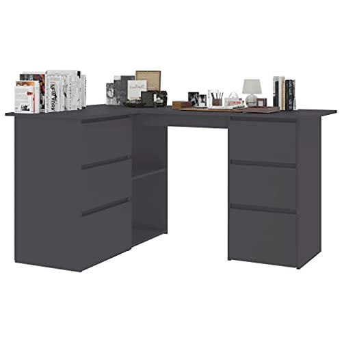 vidaXL Corner Desk L-Shaped Drawers Spacious Storage Sleek Home Office Study Writing Table Work Station Concrete Gray 57.1" Chipboard
