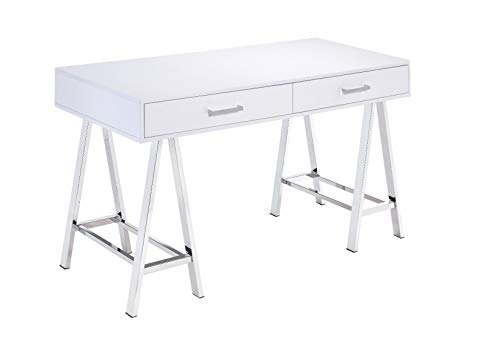 Knocbel 54in Contemporary Computer Desk with Storage Drawers, Built-in USB Port and Socket, Home Office Workstation Writing Table with Metal Legs (High Gloss White and Chrome)