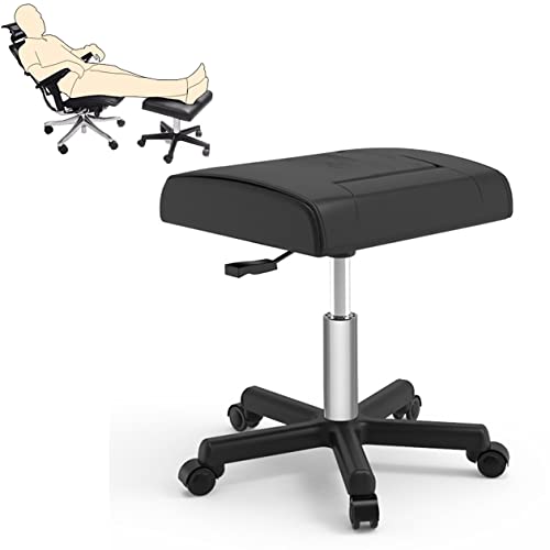 Office Footrest Rolling Foot Stool with Wheels, Height-Adjustable Gaming Chair Foot Stool Pu Leather Foot Stand Under Desk Rolling Leg Rest, Small Footstool (Black)