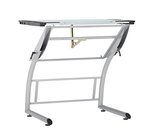 SD STUDIO DESIGNS Triflex Drawing Table, Sit to Stand Up Adjustable Office Home Computer Desk, 35.25" W X 23.5" D, Silver/Blue Glass