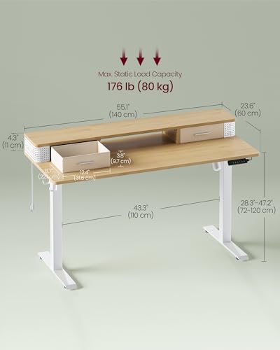VASAGLE Electric Standing Desk with Drawers, Power Strip, Adjustable Height - 23.6 x 55.1 Inches - Home Office - Straw Yellow ULSD184N21