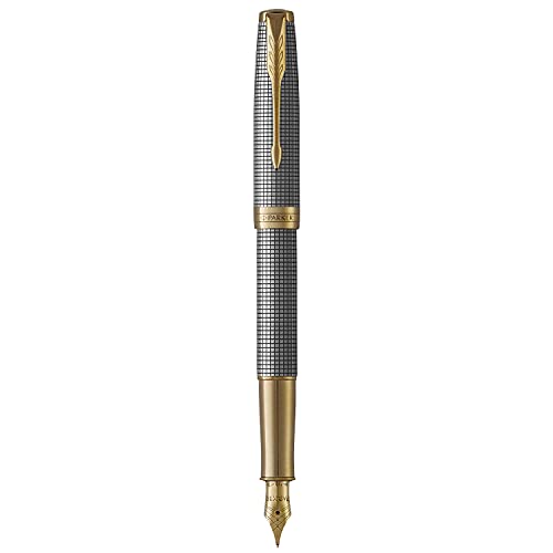 PARKER Sonnet Fountain Pen, Prestige Chiseled Silver with Gold Trim, Solid 18k Gold Fine Nib