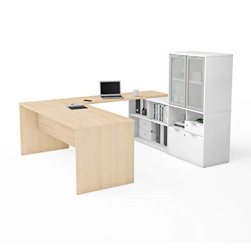 Bestar i3 Plus U-Shaped Executive Desk with Frosted Glass Doors Hutch, 72W, Bark Grey