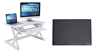 Rocelco 32" Height Adjustable Standing Desk Converter BUNDLE - Sit Stand Computer Workstation Riser with Anti Fatigue Mat - Dual Monitor Retractable Keyboard Tray Gas Spring - Black (R EADRW-MAFM)
