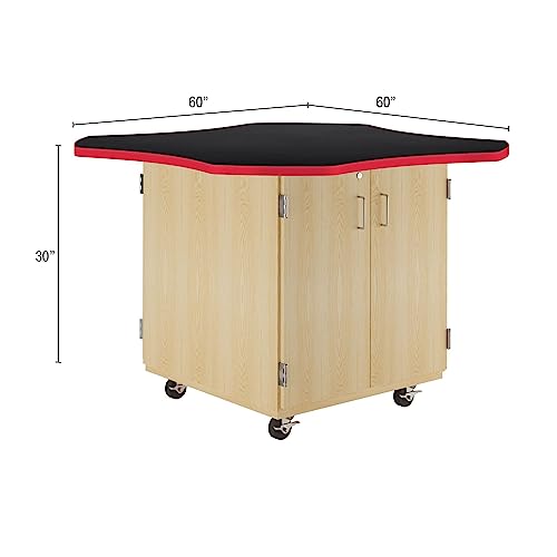 Diversified Woodcrafts Mobile Collaboration School Workstation, 60"x60"x30", Wave Design, Black Top, Red Edge, Oak, 2 Cabinets, Makerspace, Art Classroom